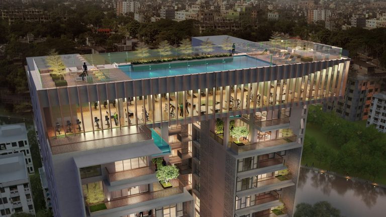 Modern skyscraper with rooftop pool and city view