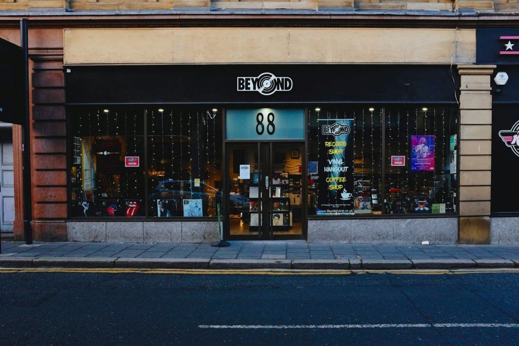A store front with a number on the front of it