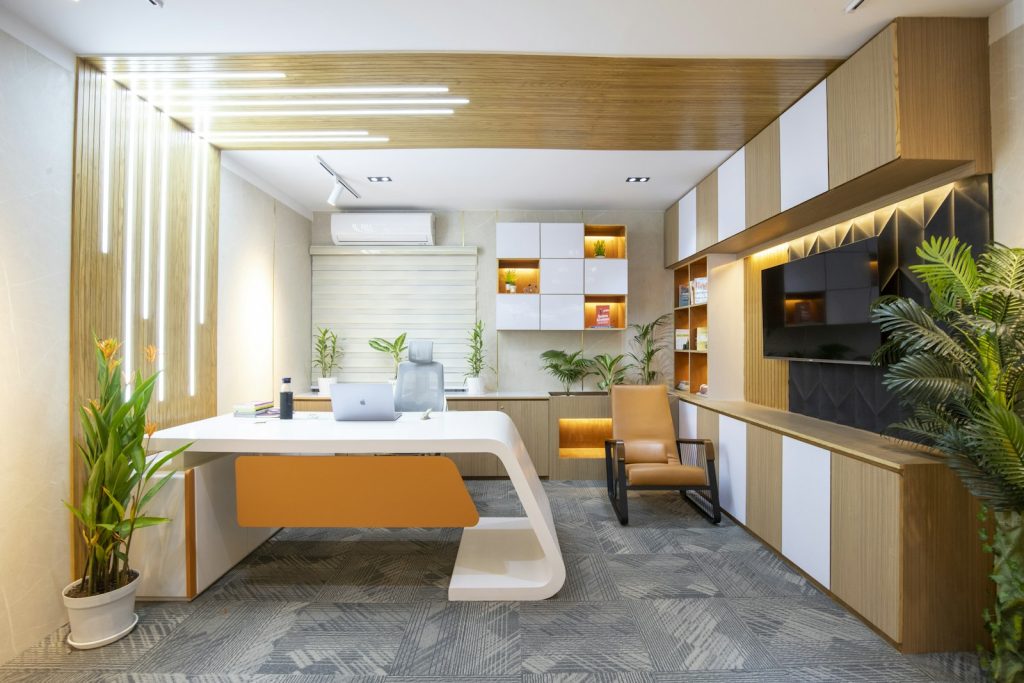 A room with a desk and a chair